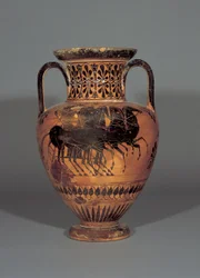 Ánfora de cuello de figuras negras ática que representa a Atenea en una cuadriga, 530-530 a.C.